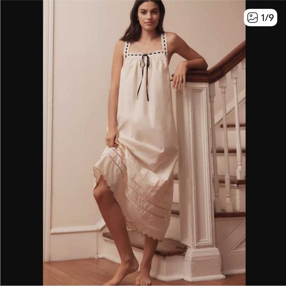 Anthropologie Cream Scalloped Cotton Nightgown